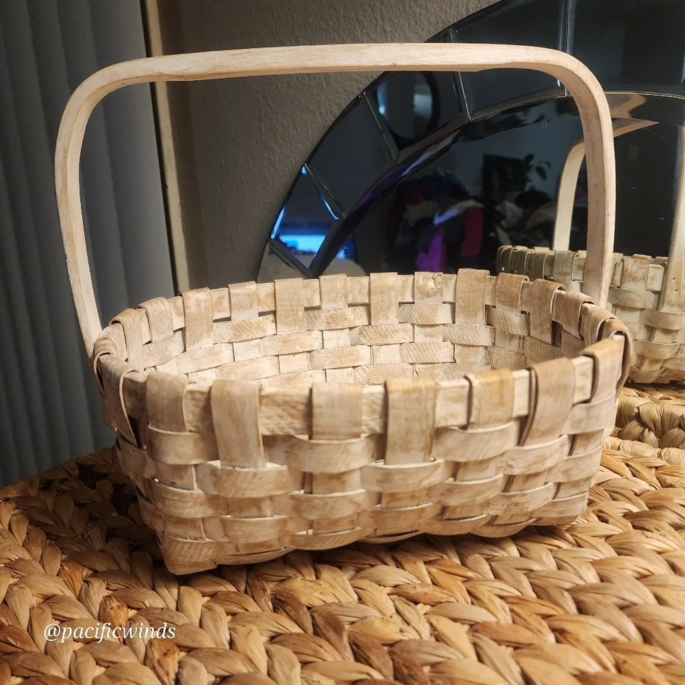 ASH WOOD VINTAGE WOVEN WHITEWASHED BASKET GATHERING BASKET